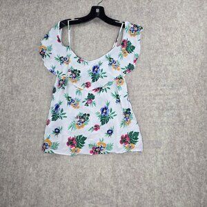 Old Navy Floral Print Womens Ruffle Off Shoulder Blouse Medium White Viscose